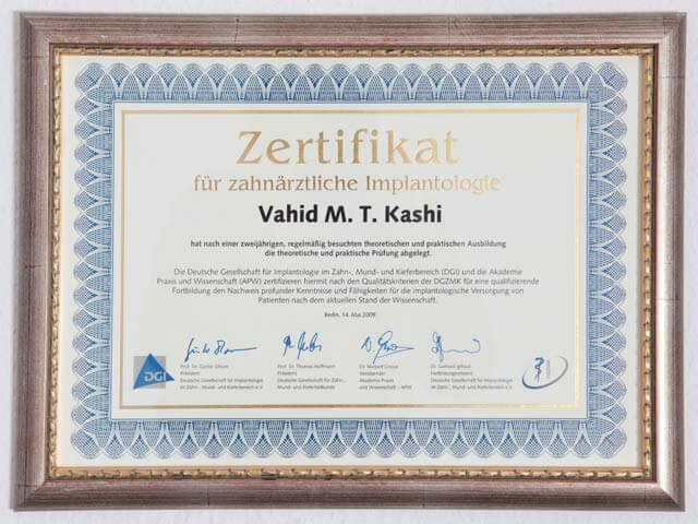 Zahnarztpraxis Kashi (Hamburg) Zertifikat